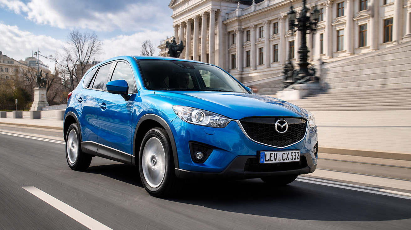 Carro azul modelo SUV Mazda circulando em rua urbana com edifício histórico ao fundo.