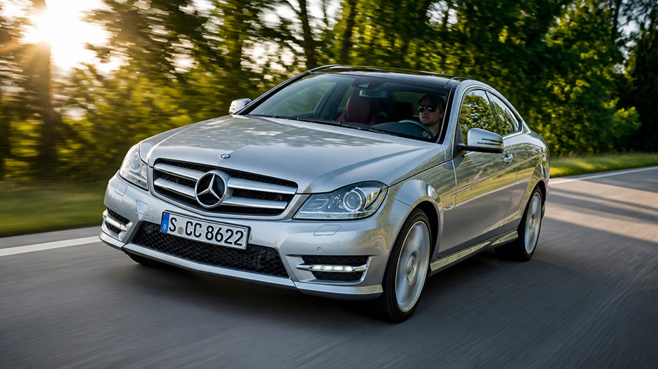 Carro prata Mercedes-Benz em movimento, dirigindo em estrada cercada por árvores ao entardecer.