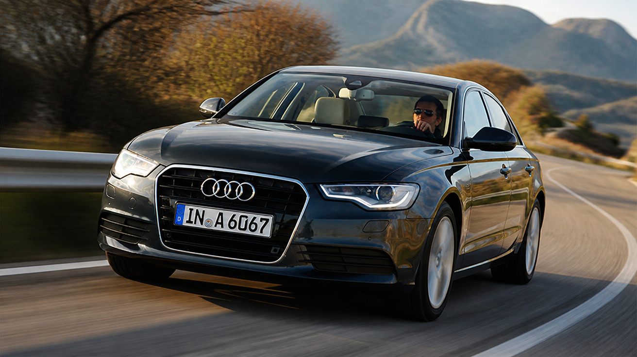 Carro Audi sedan preto em uma estrada sinuosa com motorista usando óculos escuros.
