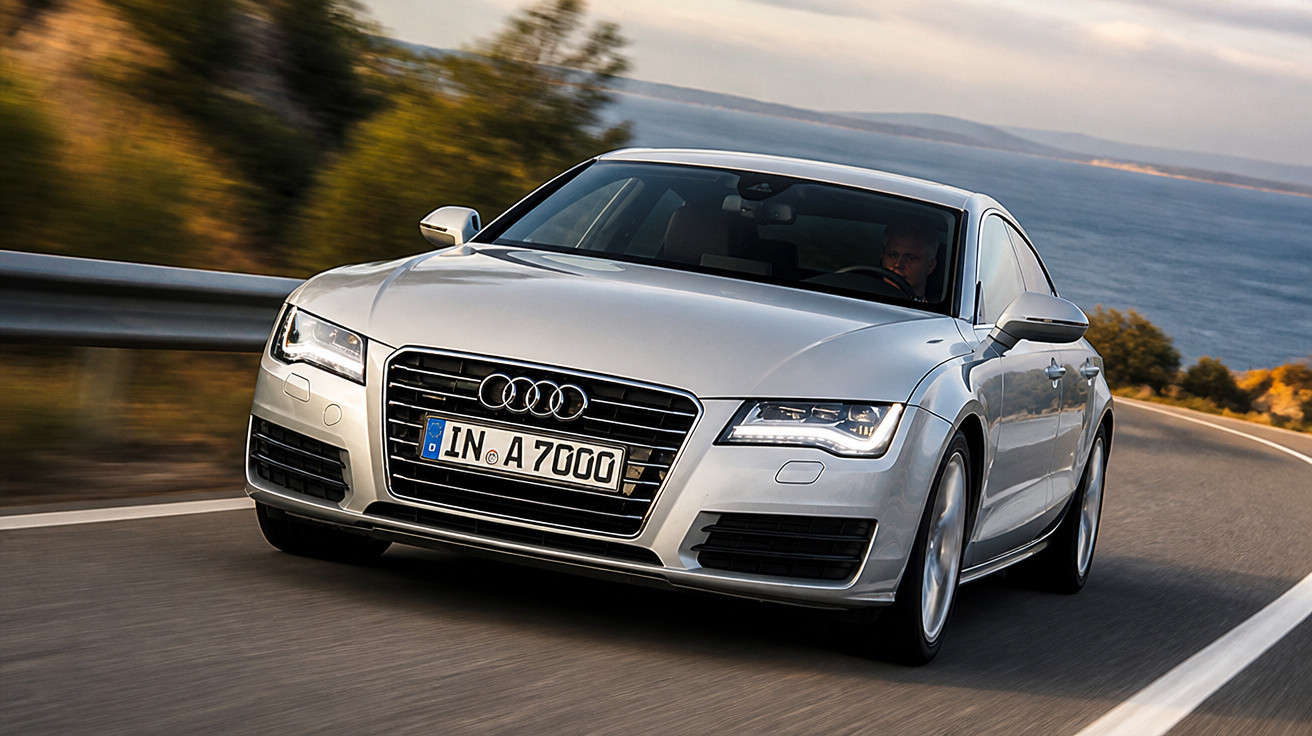 Carro Audi cinza em alta velocidade em estrada curva com paisagem natural ao fundo.
